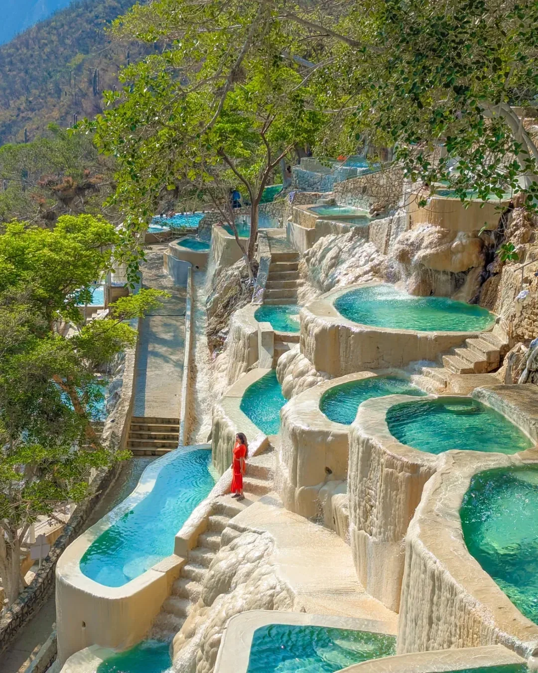 Thermal tiered pools at Tolantongo with canyon view