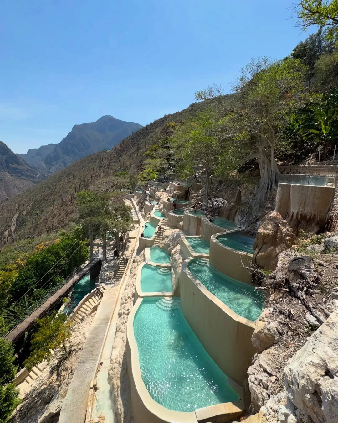 Side view of the thermal pools along the canyon wall